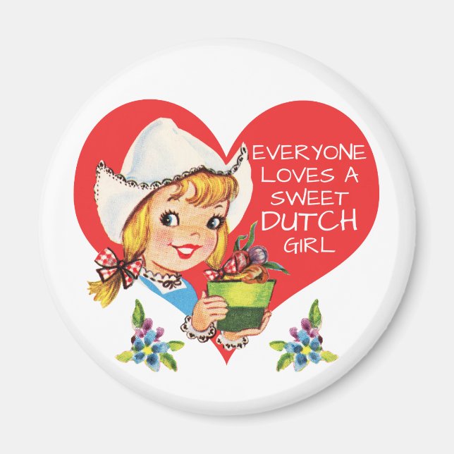 Aimant Sweet Dutch Girl Vintage Tulips Meisje & Heart (Devant)