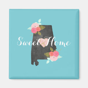 Aimant Sweet Home Alabama State Watercolor Floral & Heart