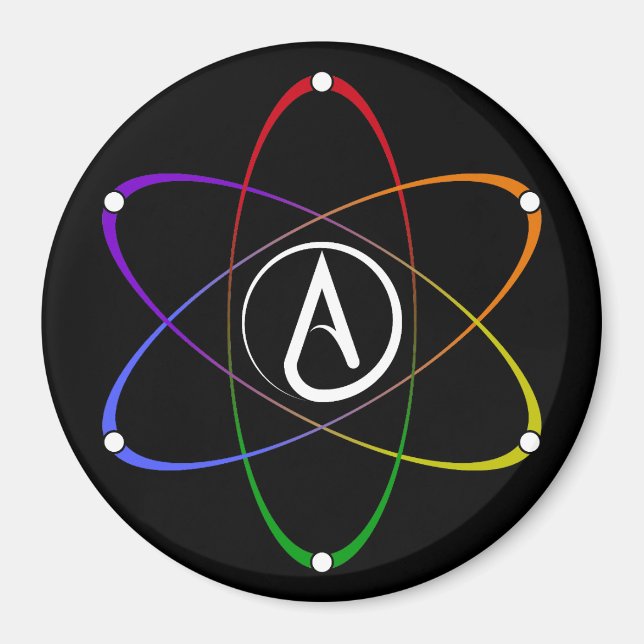 Aimant Symbole d'atome athée arc-en-ciel blanc (Devant)