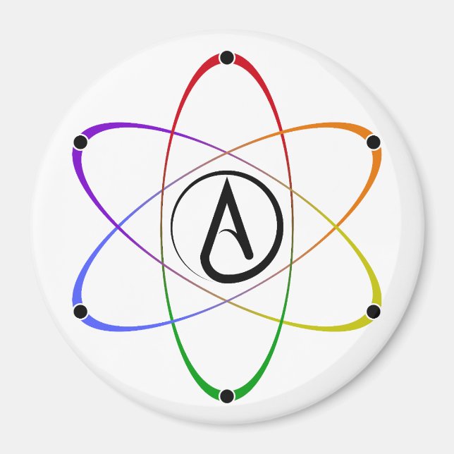Aimant Symbole de l'atome athée arc-en-ciel (Devant)
