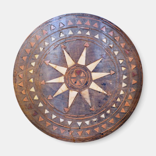 Aimant symbole grec ancien bois motif ethnique soleil scu (Devant)