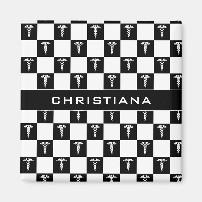 Aimant Symbole Médicale noir et blanc personnalisé Caduce (Devant)