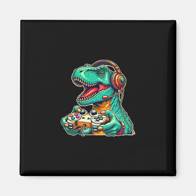 Aimant T-rex jeu avec casque drôle de dinosaure gamer gra (Devant)