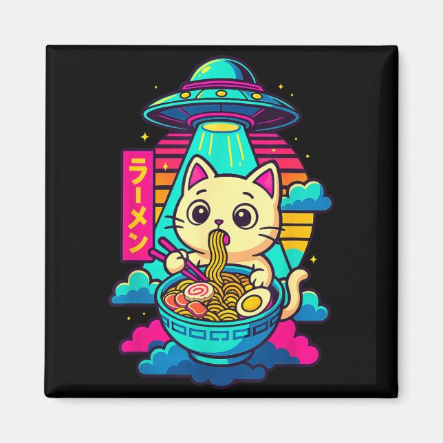 Aimant T-shirt graphique mignon chat alien ufo ramen drôl (Devant)