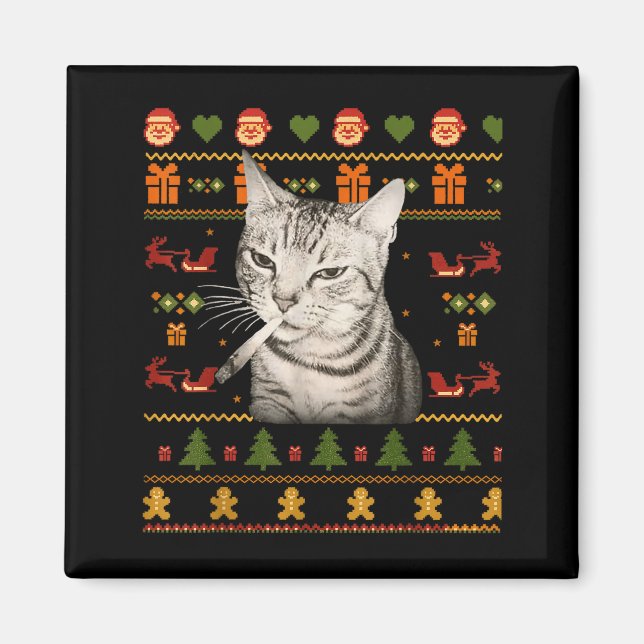 Aimant T-shirts drôles de chat qui fume pour Noël (Devant)