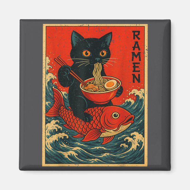 Aimant T-shirts graphiques japonais Ramen Chat Noir pour  (Devant)