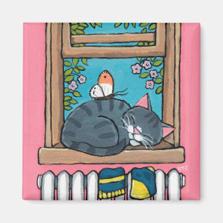 Aimant Tabby Chat dormant avec papillon sur la tige de fe