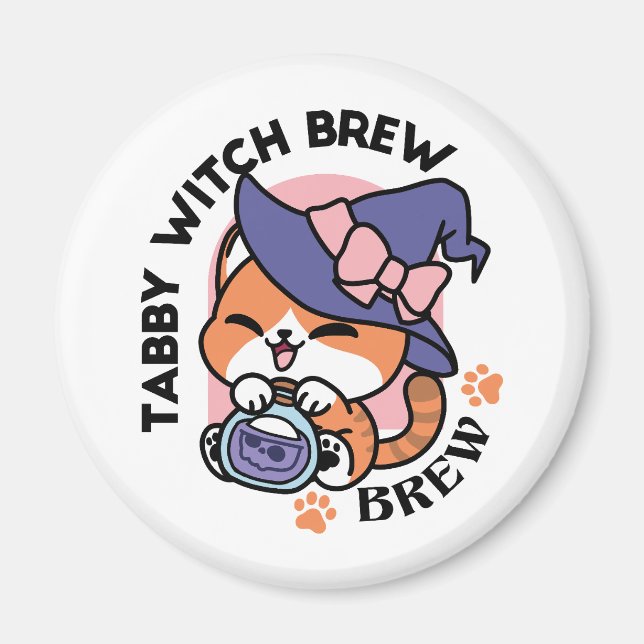Aimant Tabby Witch Brew – Joli Design de Chat d'Halloween (Devant)