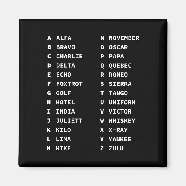 Aimant Tableau de code d'alphabet phonétique ALFA - ZULU (Devant)