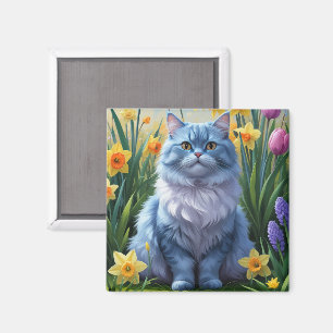 Aimant Tableau des fleurs de printemps de chats bleus ori