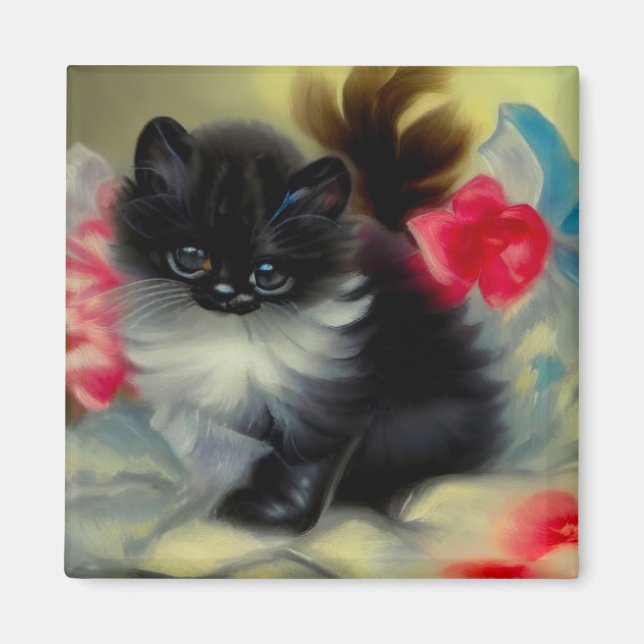 Aimant Tableau vintage de chaton noir et blanc (Devant)
