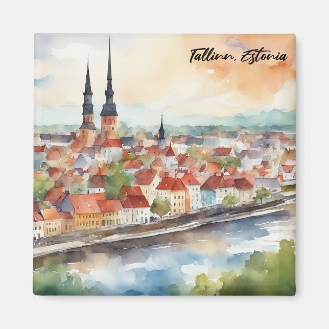 Aimant Tallinn Estonia Watercolor Painting City View (Devant)