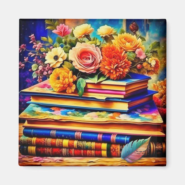 Aimant Tas de livres anciens et fleurs (Devant)