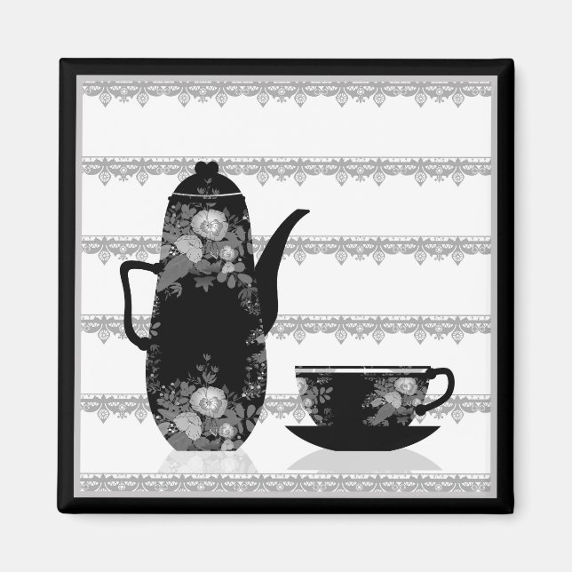 Aimant Tasse café thé noir blanc illustration rétro (Devant)