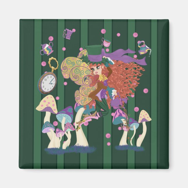 Aimant Tea Party Fairy, Vintage Watch et champignons (Devant)