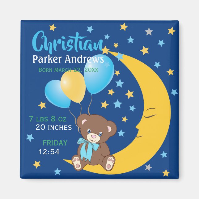 Aimant Teddy Bear assis sur la Lune Baby Birth Statistiqu (Devant)