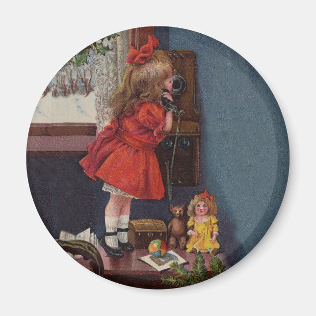 Aimant Téléphone Antique de Petite Fille de Noël (Devant)