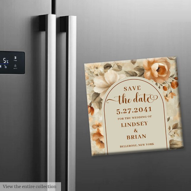 Aimant Tendance Bohème Cuivre Ivoire Olive Floral Carte d (Trendy Boho Copper Ivory Olive Floral Save Date magnet )