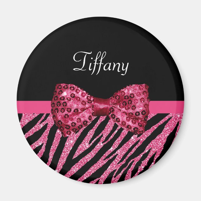 Aimant Tendance rose Zebra Print FAUX Glitz Bow avec nom (Devant)