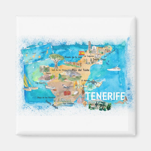 Aimant Tenerife Canarias Spain Illustrated Map with Landm (Devant)