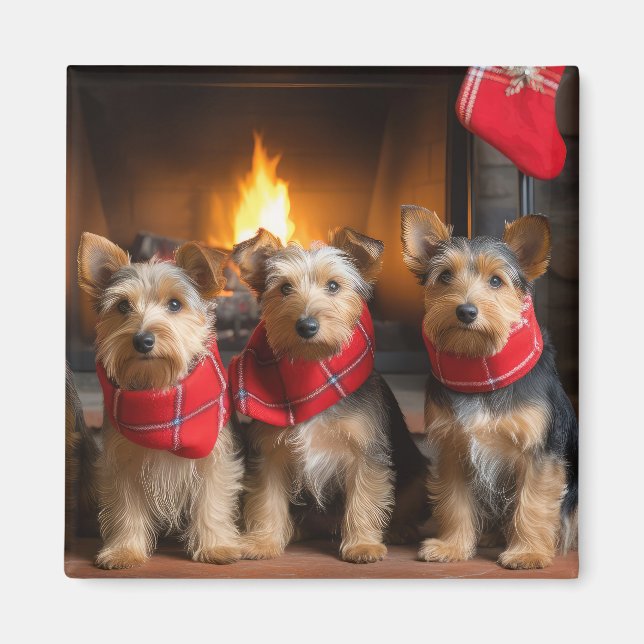 Aimant Terrier Australien au coin du feu de Noël (Devant)