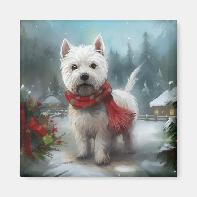 Aimant Terrier Blanc West Highland dans la neige Noël (Devant)