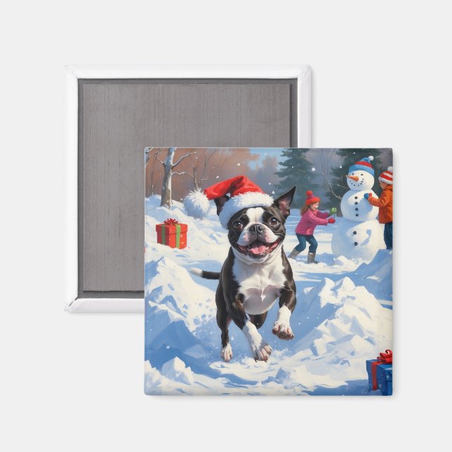 Aimant Terrier de Boston Scène de neige festive de Noël (Recto/Verso)