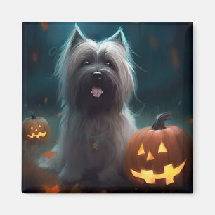 Aimant Terrier Skye d'Halloween avec citrouilles effrayan