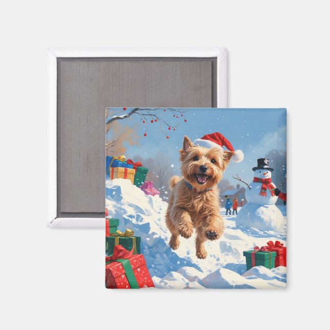 Aimant Terrier Wheaten courant dans la neige avec un chap (Recto/Verso)