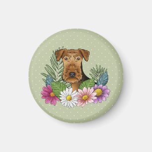 Aimant Tête de chien Airedale Terrier Fleurs Colorées Ver
