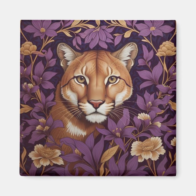 Aimant Tête de couguar parmi un feuillage et des fleurs d (Devant)