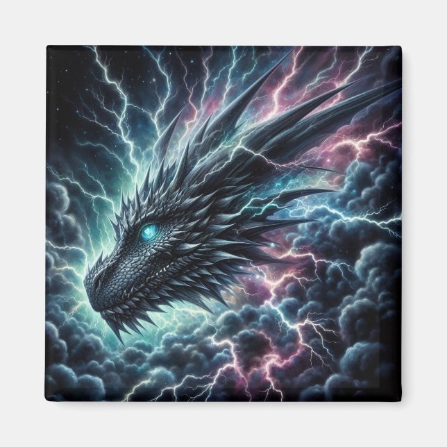 Aimant Tête de dragon dans un orage avec éclairs (Devant)
