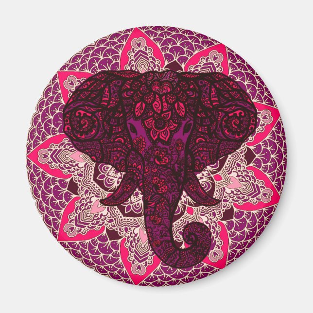 Aimant Tête d'éléphant au henné Mandala Pink Mehndi Tatto (Devant)