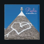 Aimant texte du toit de la maison Trulli<br><div class="desc">Aimant photo souvenir d'un gros plan du toit en tuiles de pierre d'une maison traditionnelle trulli à Alberobello, Pouilles en Italie avec le texte : "Pouilles, Alberobello".</div>