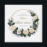 Aimant Thank You White Roses & Blue Baby’s Breath<br><div class="desc">Delicate white roses and airy sprigs of baby’s breath come together in a graceful floral wreath, perfect for adding soft, romantic charm to bridal shower products. This elegant wreath design is ideal for invitations, thank you cards, favour tags, or décor, setting a gentle, feminine tone that feels fresh and timeless....</div>