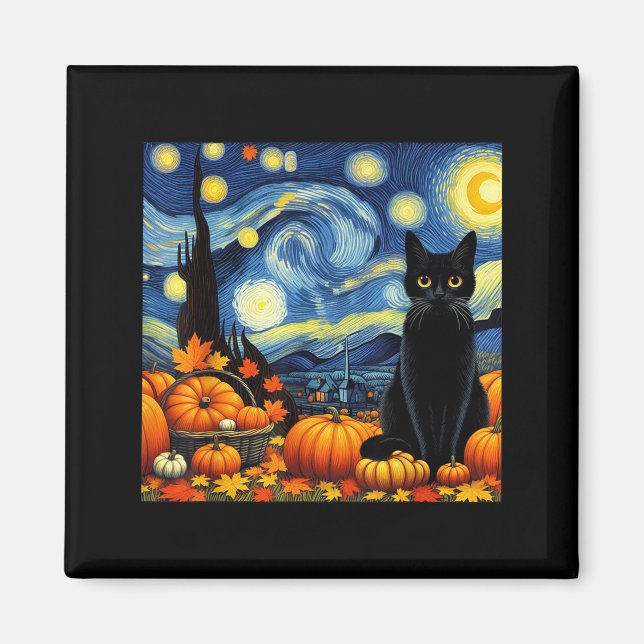 Aimant Thanksgiving Van Gogh Starry Night Black Cat Pumpk (Devant)