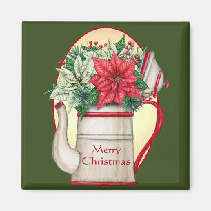 Aimant Théière à l'ancienne avec Noël poinsettias
