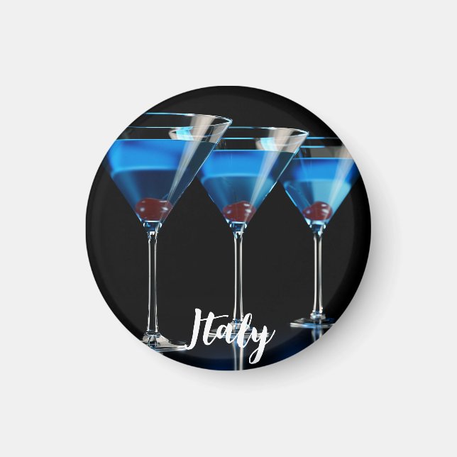 Aimant Three blue cocktails with cherry on black (Devant)