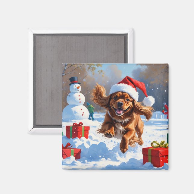 Aimant Tibetan Spaniel courant dans la neige avec un chap (Recto/Verso)