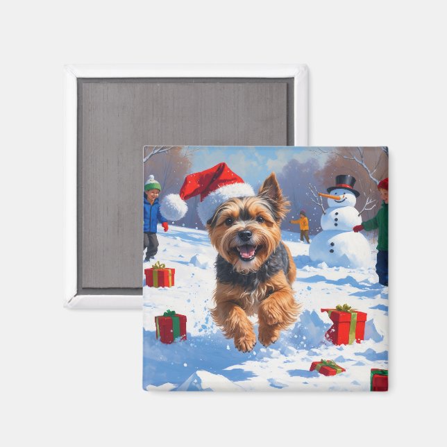 Aimant Tibetan Terrier courant dans la neige avec un chap (Recto/Verso)