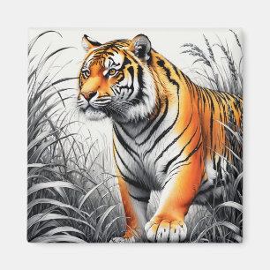 Aimant Tiger Art Color Partiel noir blanc dessin