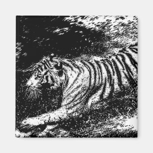 Aimant Tigre d'attaque noir et blanc