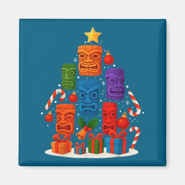 Aimant Tiki Mask Luau Christmas Tree Hawaiian Xmas Hat Ha (Devant)