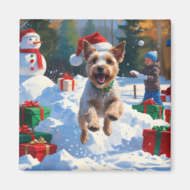 Aimant Tireur Fox Terrier courant dans la neige avec un c (Devant)