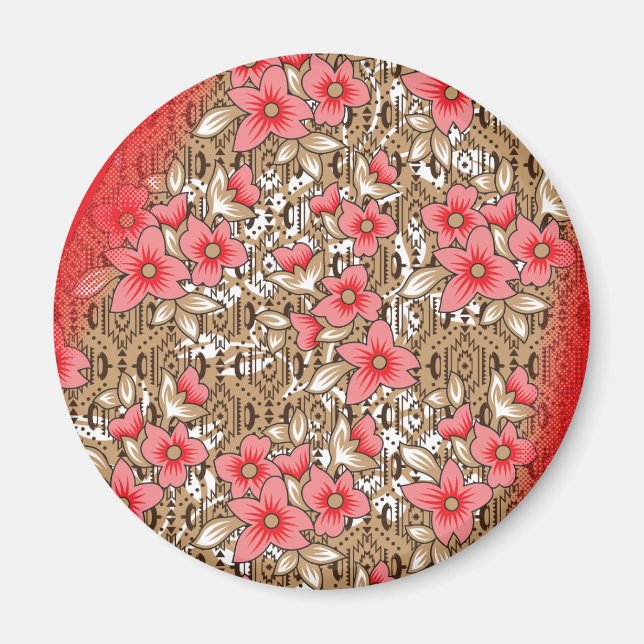 Aimant Tissu rouge éclatant avec floral complexe et (Devant)