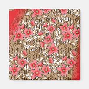 Aimant Tissu rouge éclatant avec floral complexe et