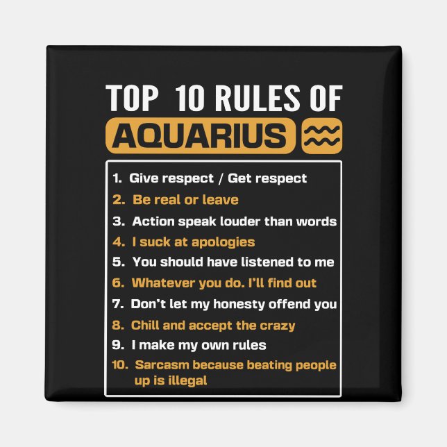 Aimant Top 10 rules of Aquarius, Funny Aquarius 10 rules (Devant)
