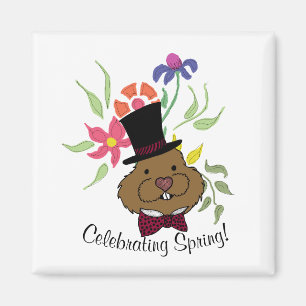 Aimant Top Hat Bow Cravate Printemps Fleurs Groundhog