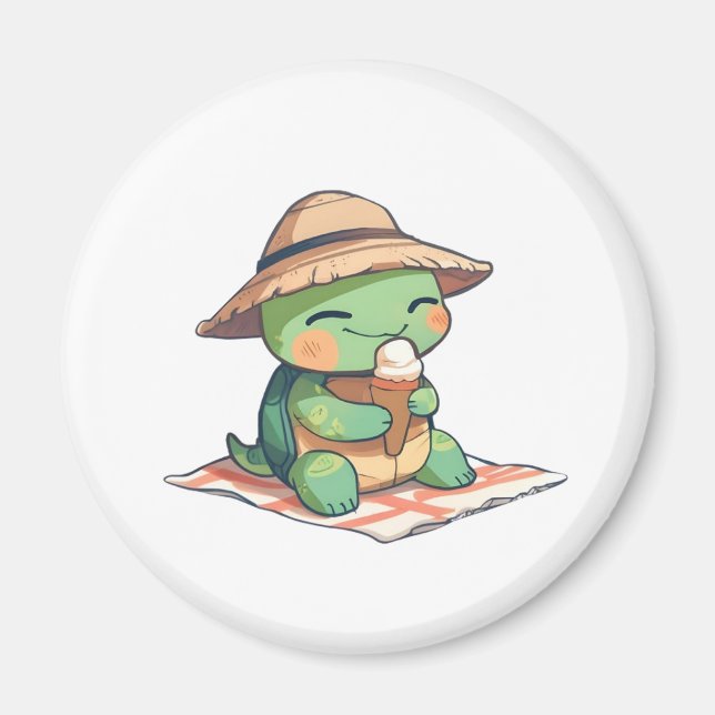 Aimant Tortue Chibi Mignonne avec Chapeau de Paille Mange (Devant)