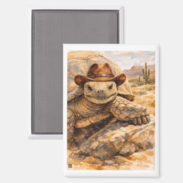Aimant Tortue Cowboy à l'aquarelle dans le désert (Recto/Verso)